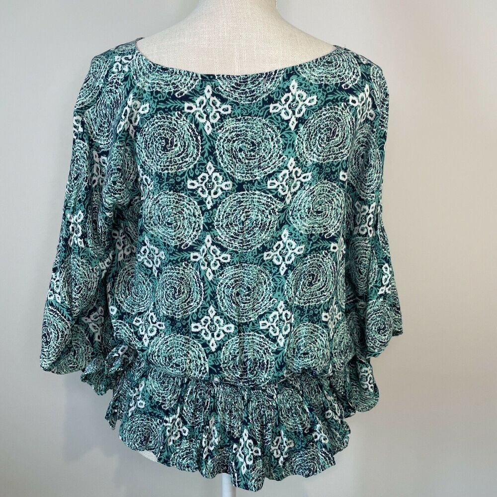 World Market Bohemian Hippie Geometric Smocked Waist Poncho Blouse Green Small - Picture 3 of 12